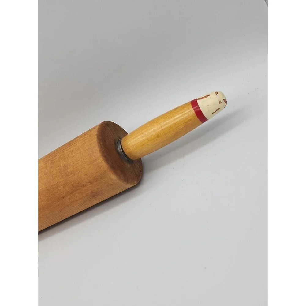 Vintage Wooden Rolling Pin Painted Red & Cream Tips of Wood Handles 18
